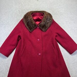 VINTAGE Shagmoor Overcoat Womens Red Wool Tweed Fur Collar Union Made 50s 60s